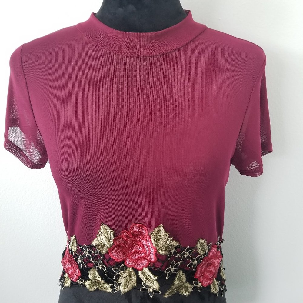 A'GACI Sheer Crop Top Burgundy